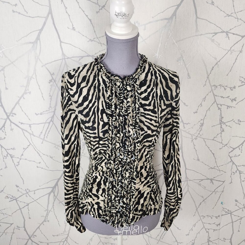 Joseph Ribkoff Zebra Print Sparkle Ruffle Front Full Zip Blouse